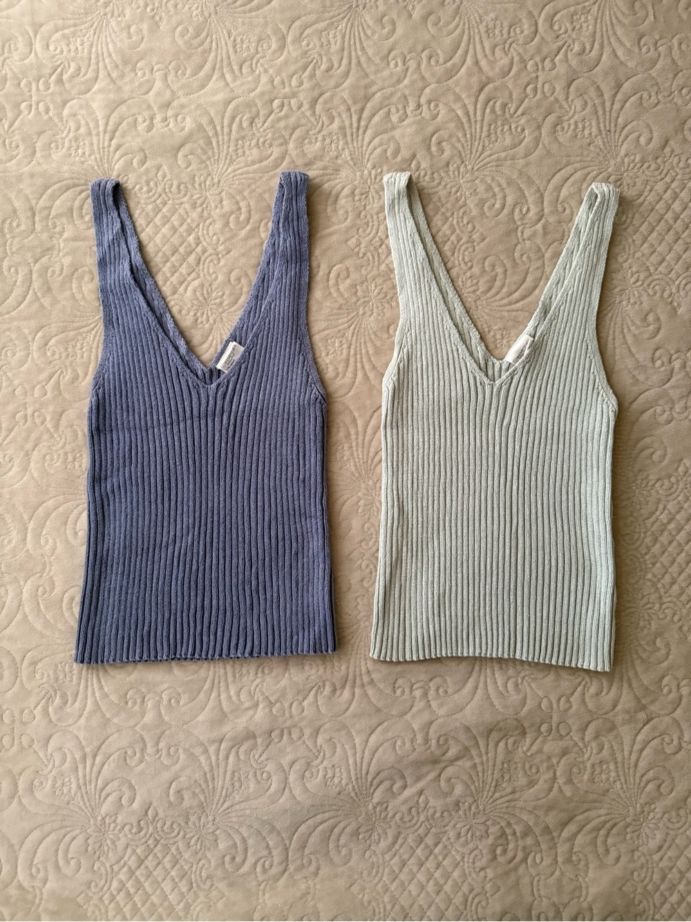 Full Tilt Ribbed V-Neck Tank Tops in Blue and Sage